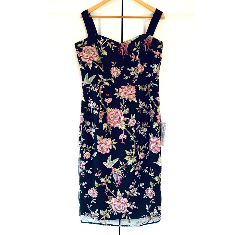 Dress the Population Black Floral Sheath Dress with Pink & Green Accents